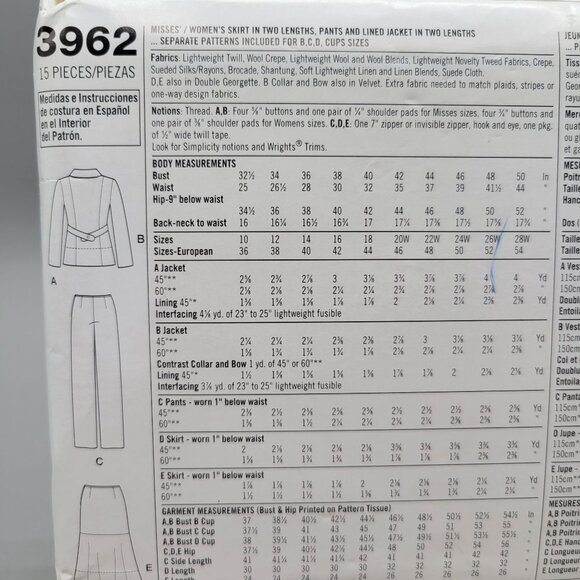 Simplicity Threads Sewing Pattern 3962 Womens Jacket Pants Skirt Size 20-28 - Picture 4 of 5